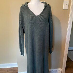 Free People Dark Green Sweater Maxi Dress with Hood and side slits M